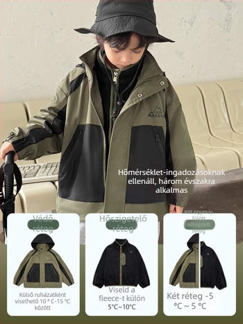 Fiúknak szóló 3-in-1 kemping kabát levehető béléssel, vízálló 3000mm, 100% poliészter, közepes hosszúságú