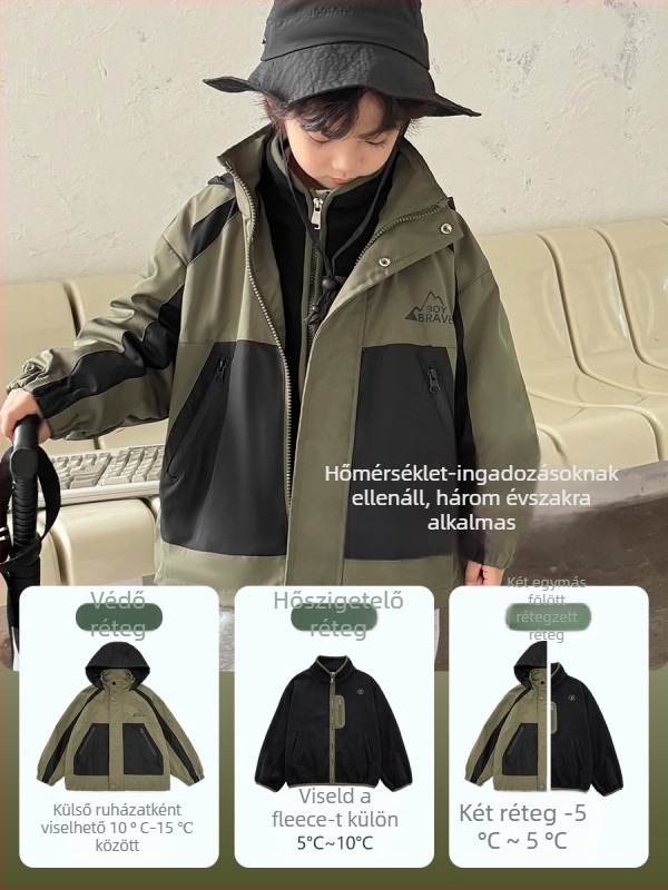 Fiúknak szóló 3-in-1 kemping kabát levehető béléssel, vízálló 3000mm, 100% poliészter, közepes hosszúságú