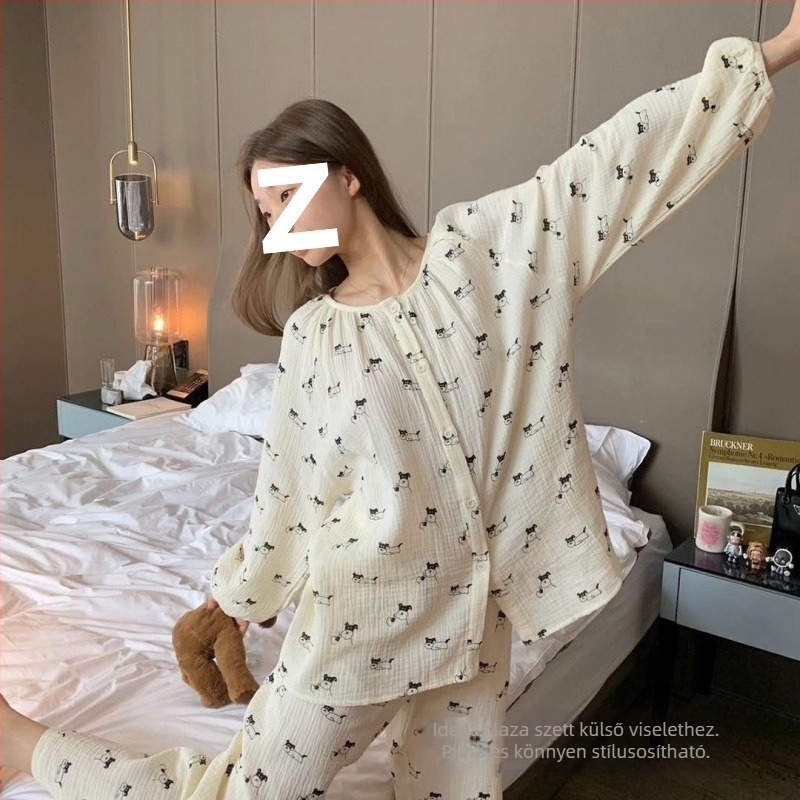 Pizsama szett, édes szoknya-stílus, hosszú ujjú, kerek nyak, 100% kender