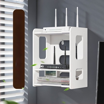 Hat szintes falra szerelhető polc a router és kábelek rendezésére, lyukas kivitel, mesterséges lemezből