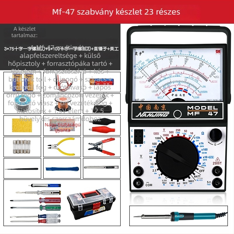 Analóg multiméter MF47 mechanikus mutatóval, nagy pontosságú, elektromérnököknek és diákoknak (MF47A: standard konfiguráció; krokodilklipsz verzió; 10A mérőhegy; szilikon vezeték végződések)