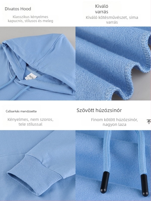 Férfi nehéz súlyú kapucnis pulóver, fleece-belső, 96% pamut, lazán szabott, kerek nyakú