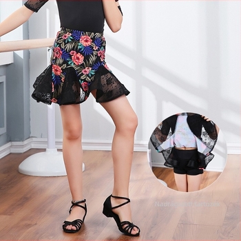 Gyerekek tánccostüm – Ice Silk anyagból készült, halszálka mintás, nagy lengő szoknya, virágos mintával, poliészter keverék, lányoknak, latin és szalon táncokra