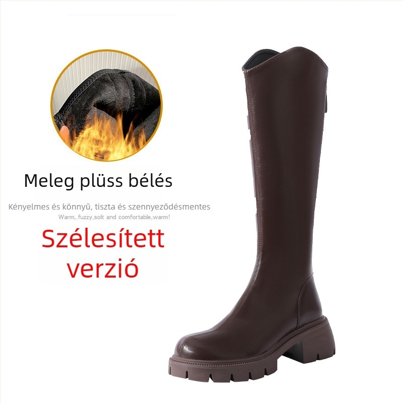Igazi bőr lovagi csizma; kerek orrú; vastag sarok; hátul cipzár; magas szár