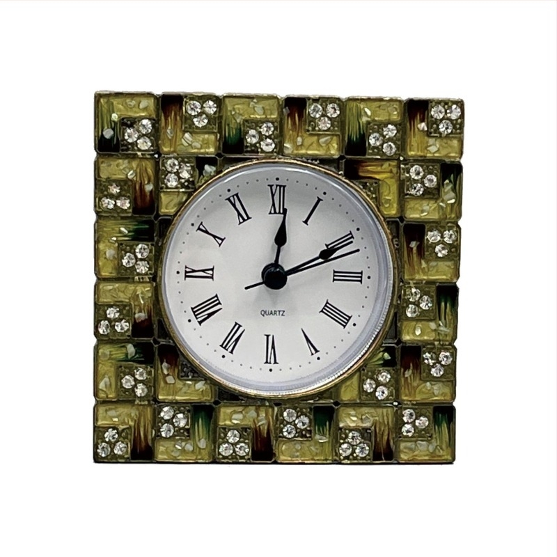 Mini zománcos asztali óra, dekoratív retro fém óra, mechanikus működés (Sun movement), egyoldalas kijelző, 24 órás kijelzés