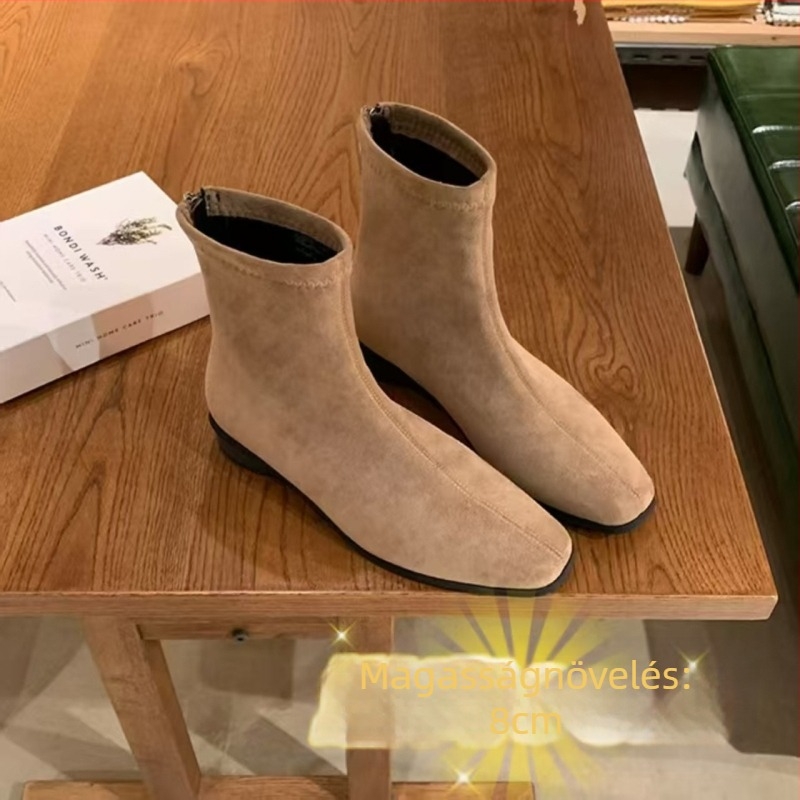 Női Martin csizmák retro koreai stílusban, négyszögletes orrú, velúr, vastag sarkú 6–8 cm, hátul cipzár