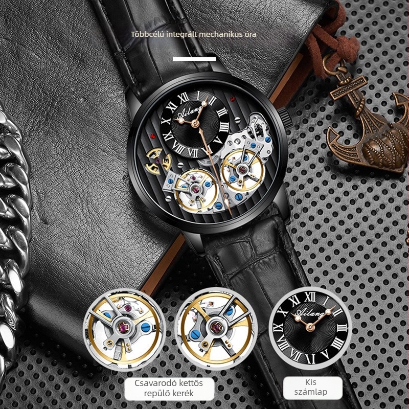 Ai Lang karóra kettős tourbillonos, mechanikus mozgás, 30 m vízállóság, rozsdamentes acél tokkal, valódi bőrszíj