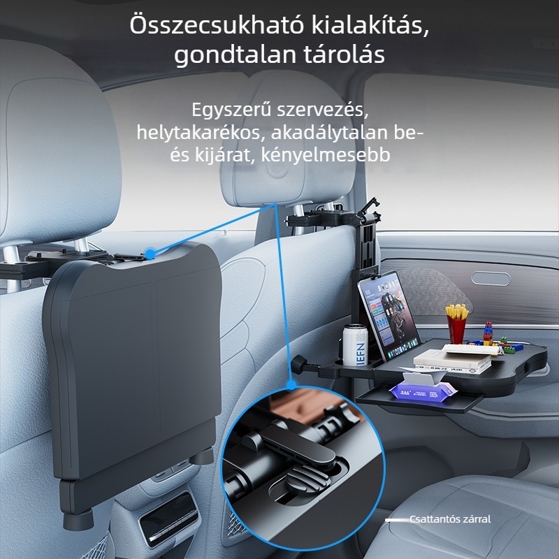 Waytogrow Autóba illeszthető étkezőasztal 360°-ban forgó a hátsó ülés hátoldalán — ABS, összecsukható asztallap és italtartó, modell A08