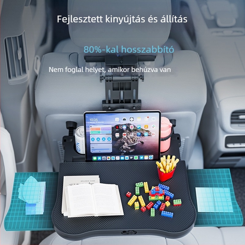 Waytogrow Autóba illeszthető étkezőasztal 360°-ban forgó a hátsó ülés hátoldalán — ABS, összecsukható asztallap és italtartó, modell A08