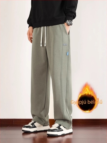 Plusz méretű férfi szabadidőnadrág fleece-béléssel, egyenes szabású, laza, hosszú téli nadrág