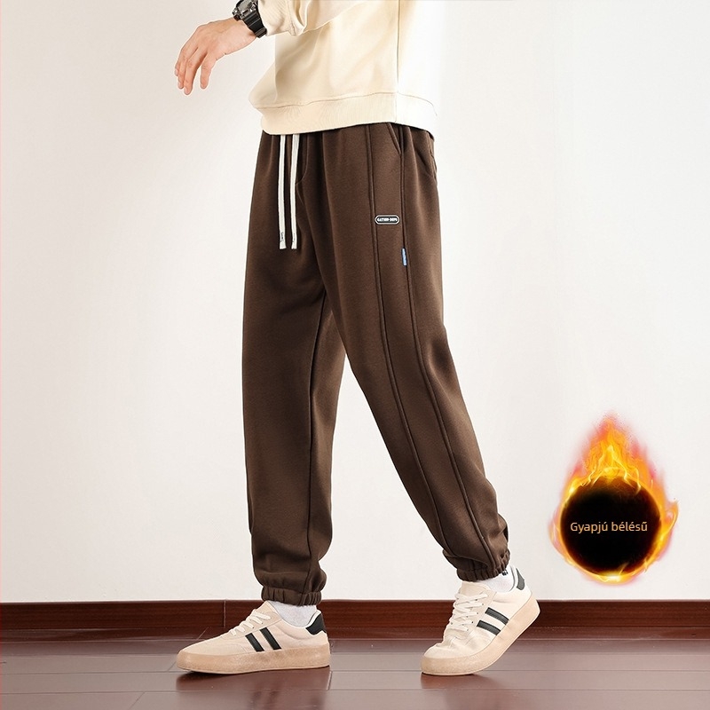Plusz méretű férfi szabadidőnadrág fleece-béléssel, egyenes szabású, laza, hosszú téli nadrág