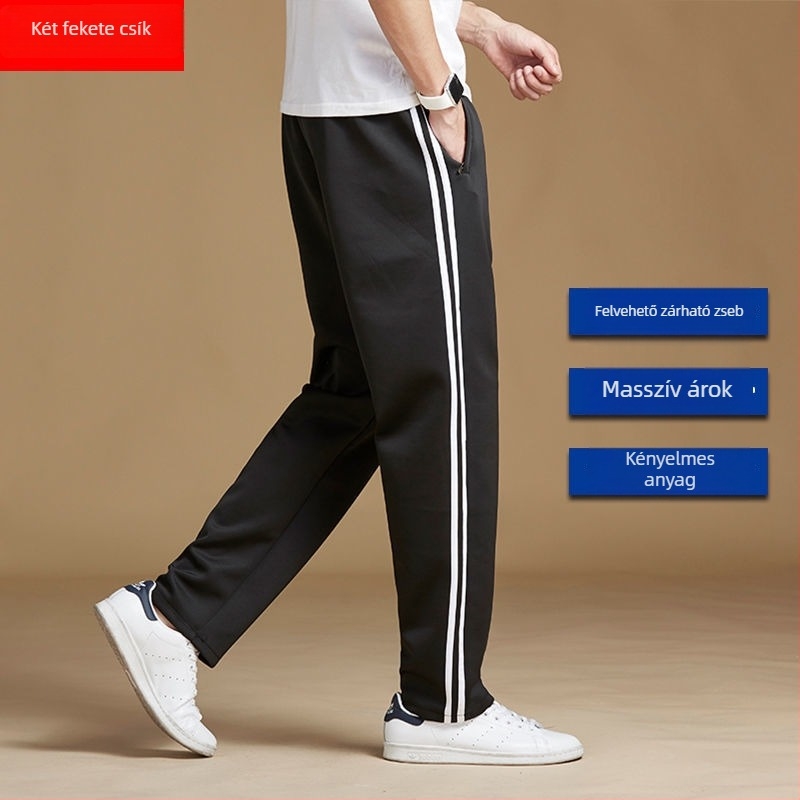 Háromcsíkos iskolai sportnadrág fleece béléssel, egyenes szárú, középmagas derekú, öv és fűzőzár
