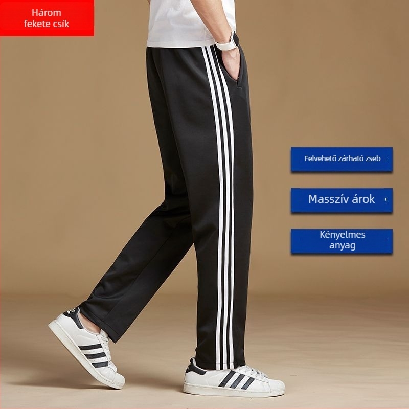 Háromcsíkos iskolai sportnadrág fleece béléssel, egyenes szárú, középmagas derekú, öv és fűzőzár