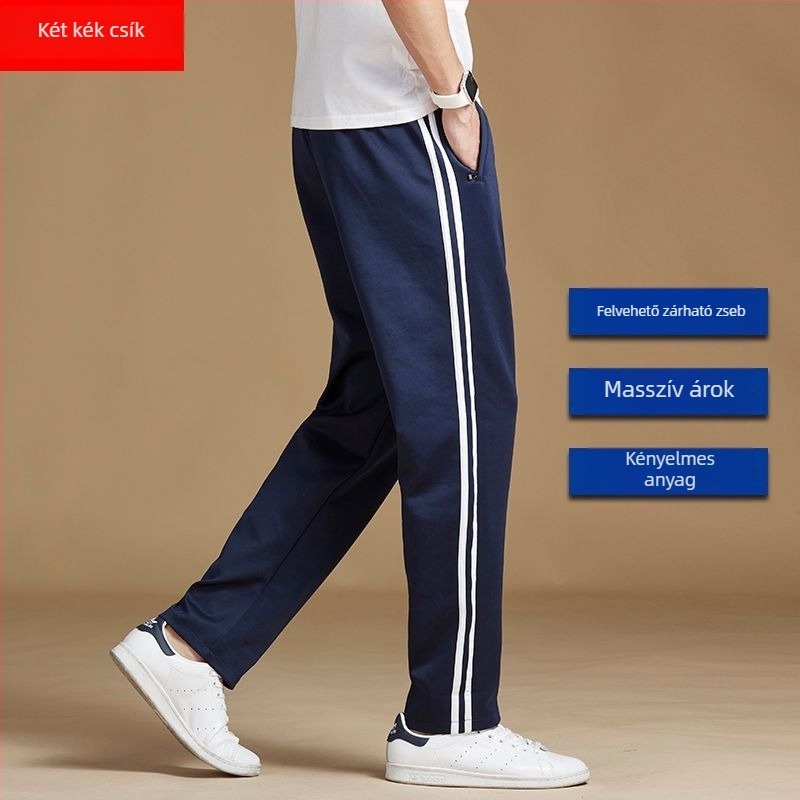 Háromcsíkos iskolai sportnadrág fleece béléssel, egyenes szárú, középmagas derekú, öv és fűzőzár