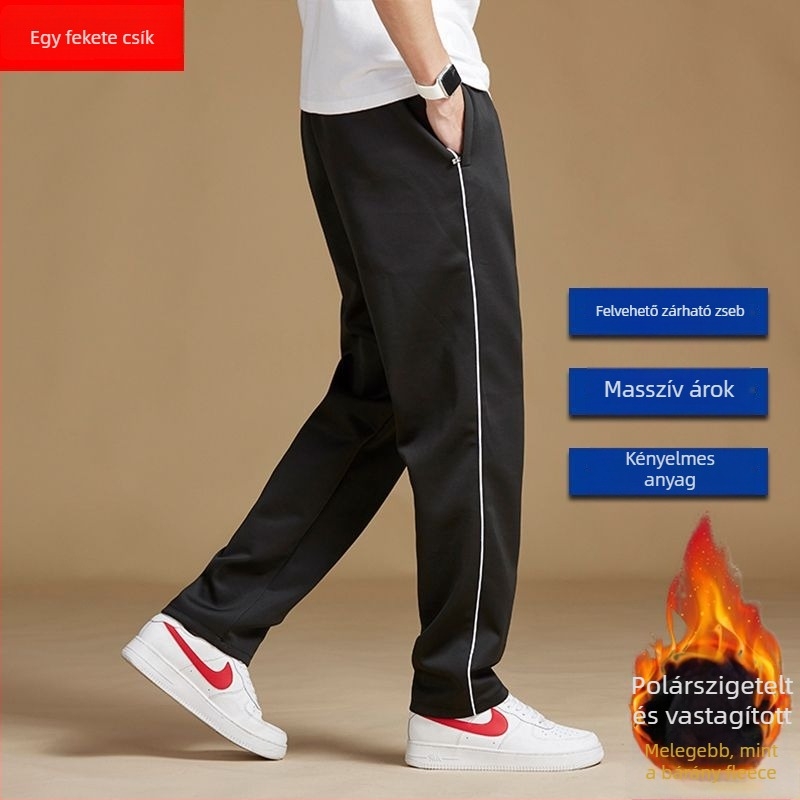 Háromcsíkos iskolai sportnadrág fleece béléssel, egyenes szárú, középmagas derekú, öv és fűzőzár