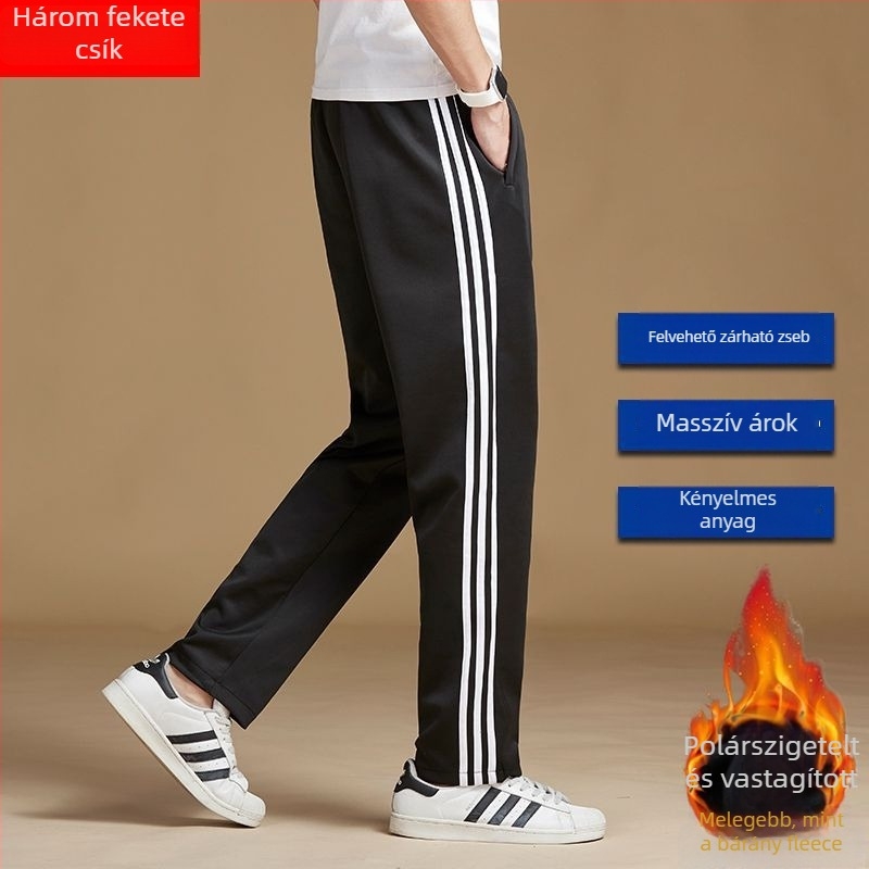 Háromcsíkos iskolai sportnadrág fleece béléssel, egyenes szárú, középmagas derekú, öv és fűzőzár