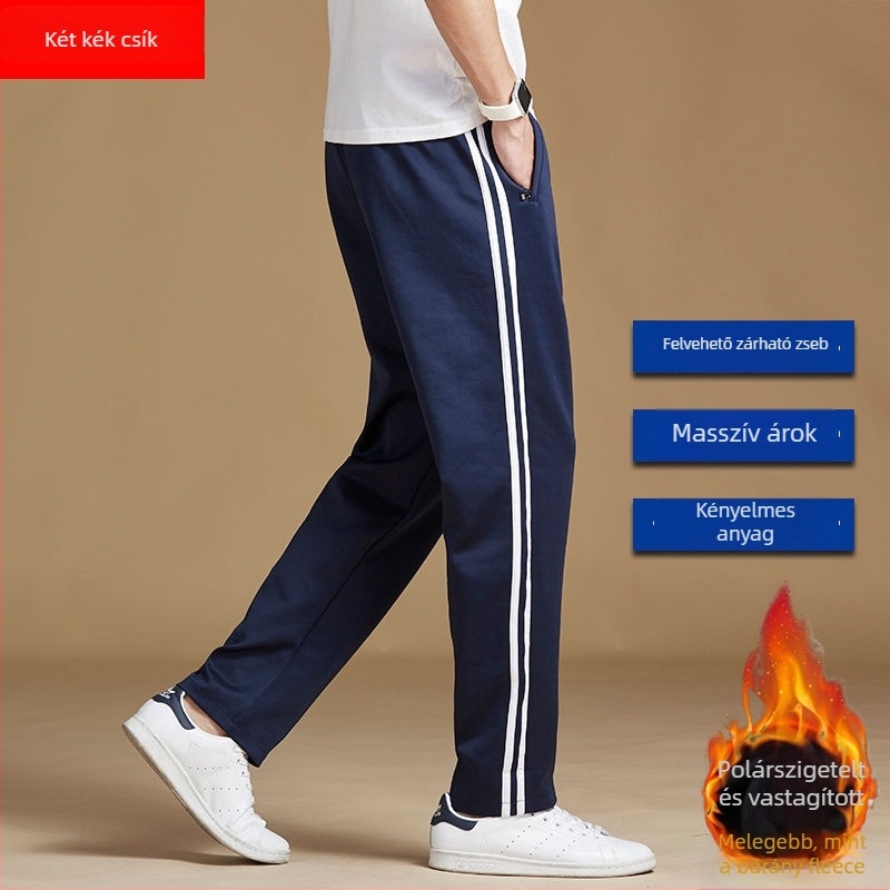 Háromcsíkos iskolai sportnadrág fleece béléssel, egyenes szárú, középmagas derekú, öv és fűzőzár