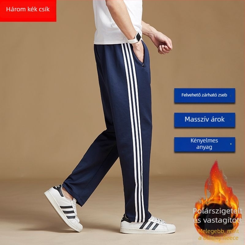 Háromcsíkos iskolai sportnadrág fleece béléssel, egyenes szárú, középmagas derekú, öv és fűzőzár