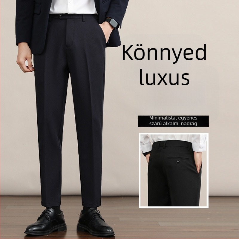 Férfi koreai stílusú casual nadrág, egyenes szabás, vastag fleece belsővel, ősz–tél 2025, vasalás nélkül, gyűrődésálló, üzleti-casual