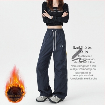 Amerikai stílusú ejtőernyős munkásnadrág, uniszex, fleece-béléssel, lazított szabás, egyenes és széles szárú, kültéri sportos nadrág tiniknek