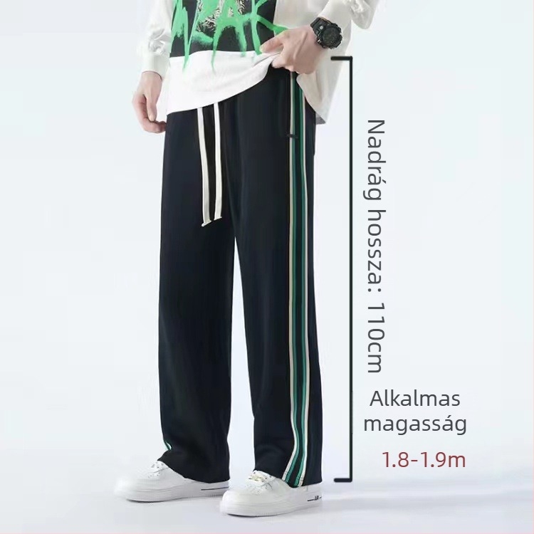 Tinédzsernek szóló casual sport nadrág fleece anyagból, pamut-keverék, csíkos mintázat, középmagas derék, öv és kötős zárás, szabad szabás, téli szezon