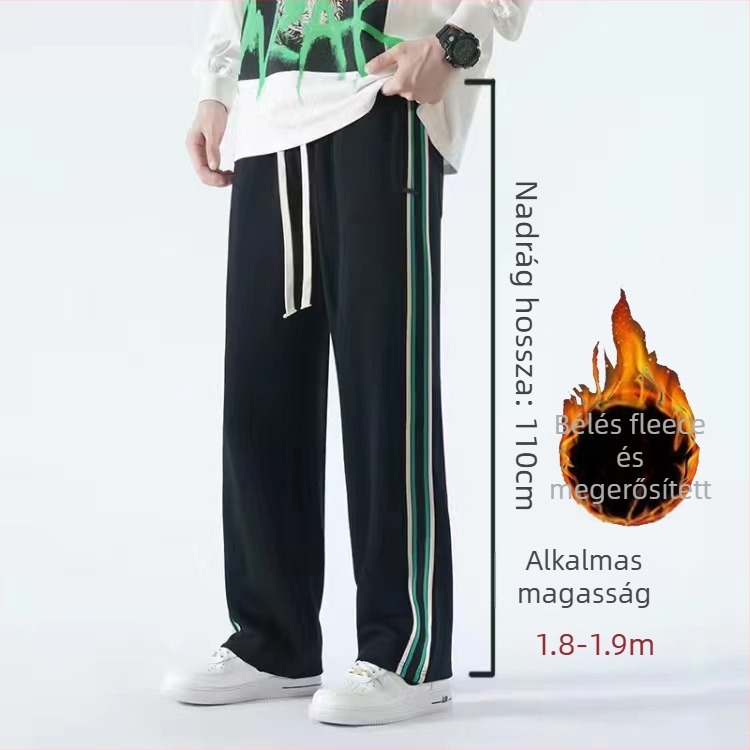 Tinédzsernek szóló casual sport nadrág fleece anyagból, pamut-keverék, csíkos mintázat, középmagas derék, öv és kötős zárás, szabad szabás, téli szezon