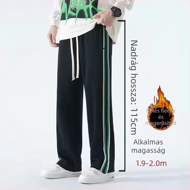 Tinédzsernek szóló casual sport nadrág fleece anyagból, pamut-keverék, csíkos mintázat, középmagas derék, öv és kötős zárás, szabad szabás, téli szezon
