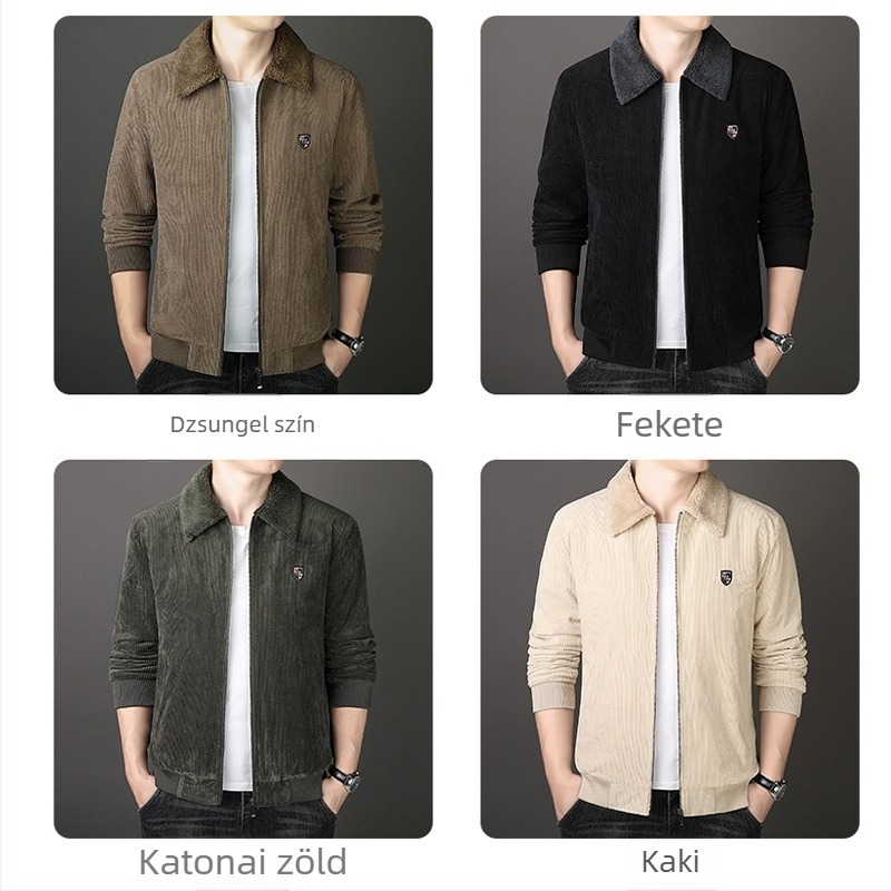 Corduroy dzseki galléros, elöl cipzár, fleece bélés, vastag szigetelés, normál hossz