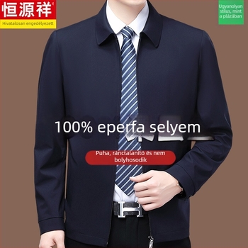 Férfiak magas minőségű 100% mulberry selyem kabát tavasz–őszre, kapucnival, gallér nélküli, lazított szabás, zipzár, egyszínű, oldalsó zsebek