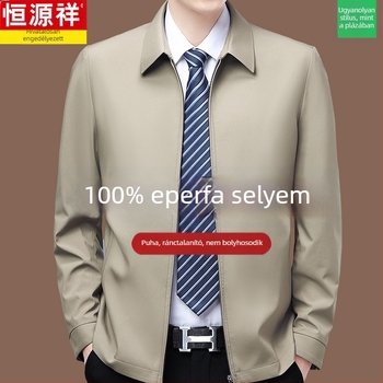 Férfiak magas minőségű 100% mulberry selyem kabát tavasz–őszre, kapucnival, gallér nélküli, lazított szabás, zipzár, egyszínű, oldalsó zsebek