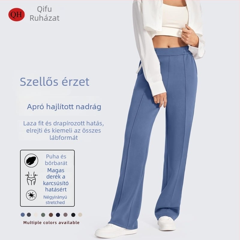 Női fekete nadrág magas derékkal, egyenes szabású, zsebekkel, elasztikus derekával, drapírozott, hétköznapi viselet