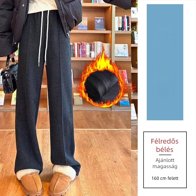 Széles lábú gyapjú nadrág magas derekú, fleece-lével bélelt, casual japán-koreai stílus