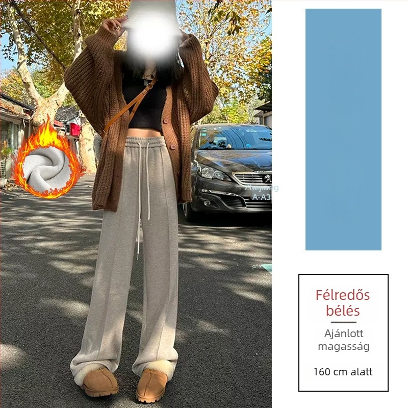 Széles lábú gyapjú nadrág magas derekú, fleece-lével bélelt, casual japán-koreai stílus