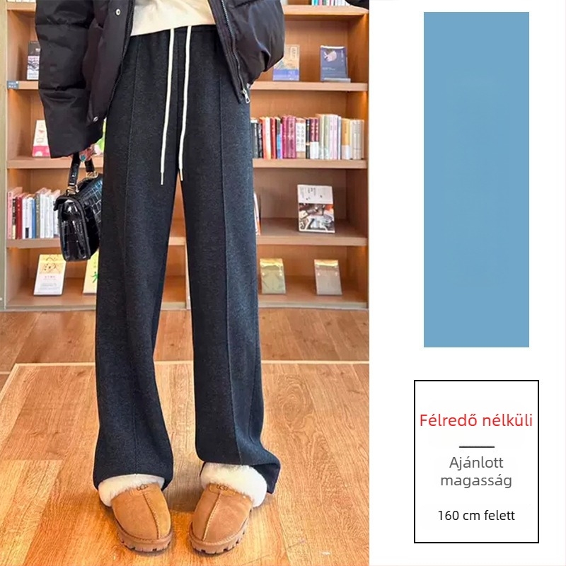 Széles lábú gyapjú nadrág magas derekú, fleece-lével bélelt, casual japán-koreai stílus