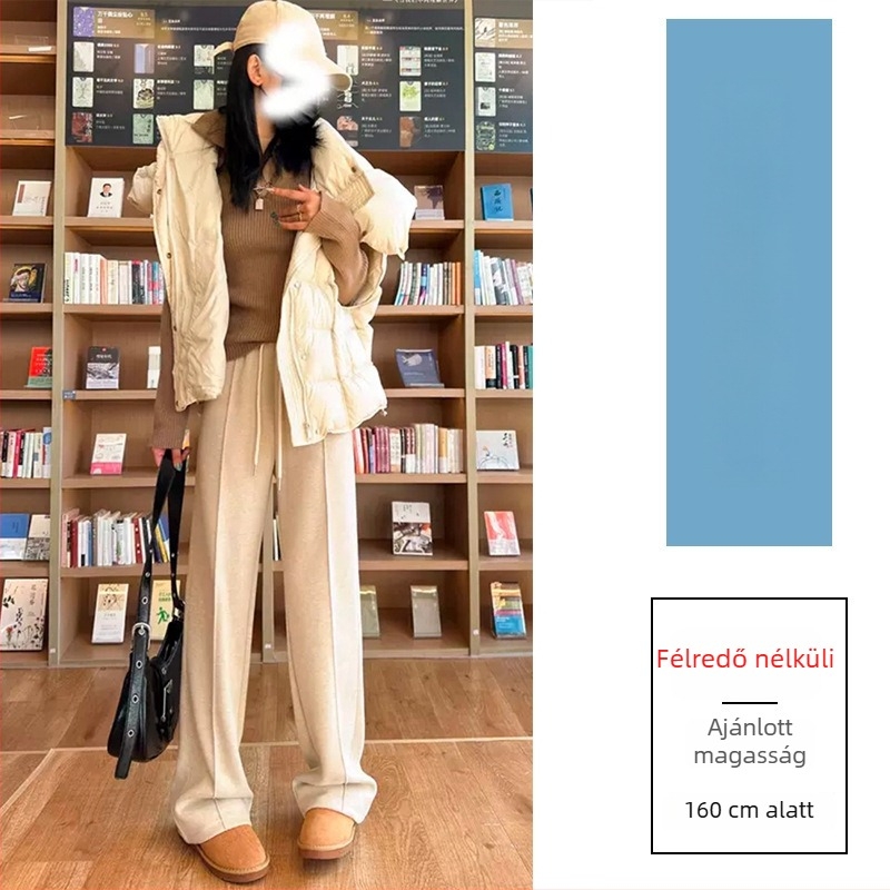 Széles lábú gyapjú nadrág magas derekú, fleece-lével bélelt, casual japán-koreai stílus