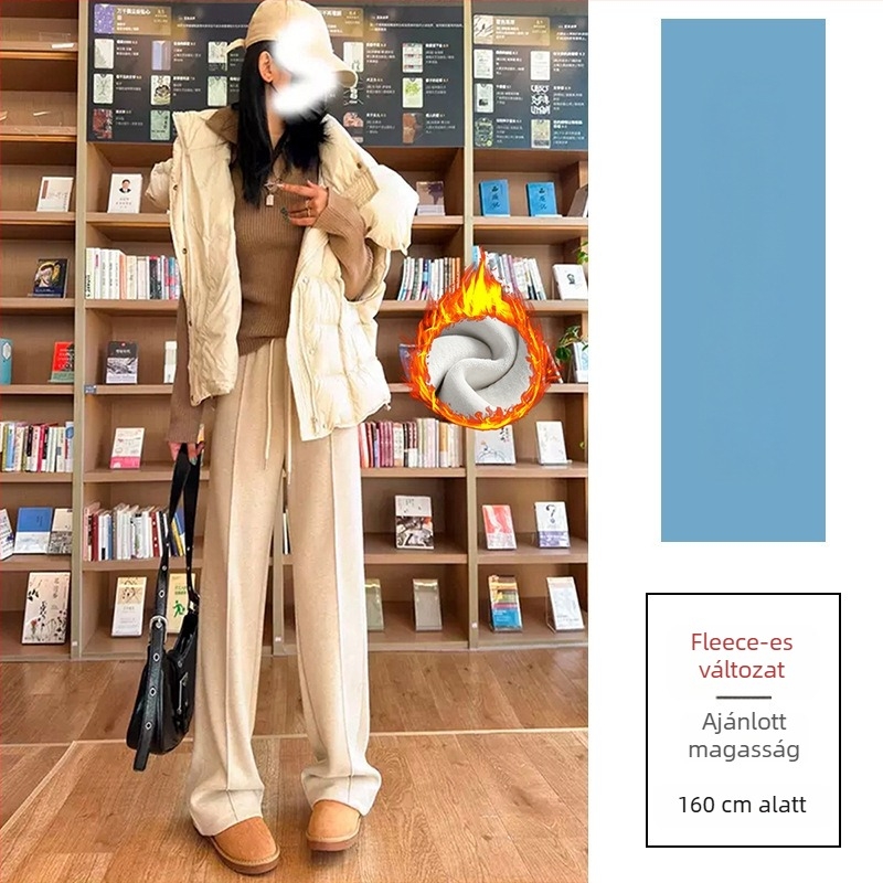Széles lábú gyapjú nadrág magas derekú, fleece-lével bélelt, casual japán-koreai stílus
