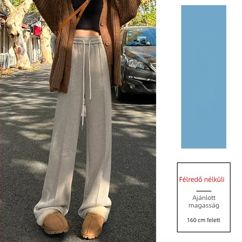 Széles lábú gyapjú nadrág magas derekú, fleece-lével bélelt, casual japán-koreai stílus