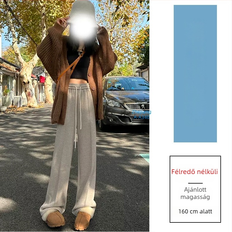 Széles lábú gyapjú nadrág magas derekú, fleece-lével bélelt, casual japán-koreai stílus