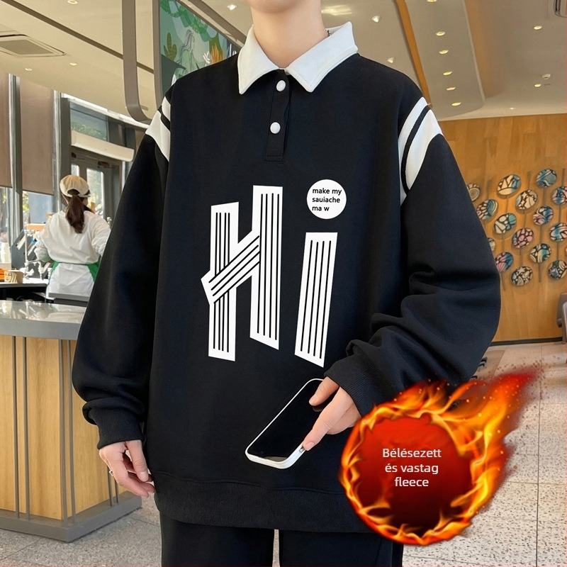 Galléros fleece-es pólópulóver belső gyapjú béléssel, hosszú ujjú, tág fazon, téli viselet