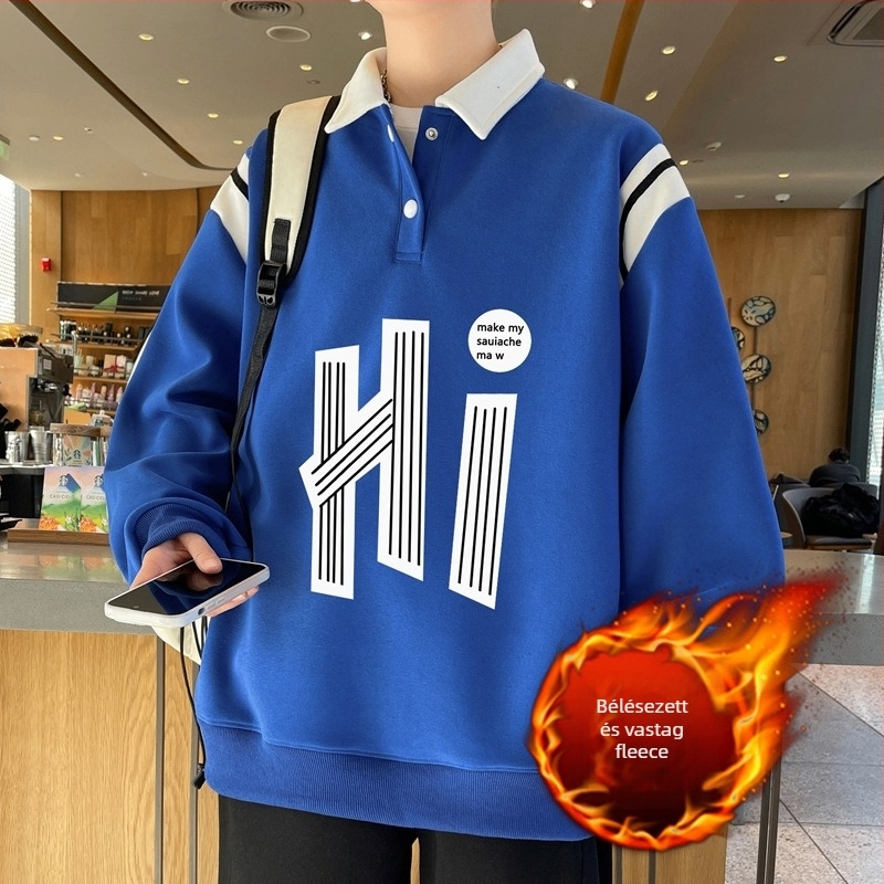 Galléros fleece-es pólópulóver belső gyapjú béléssel, hosszú ujjú, tág fazon, téli viselet