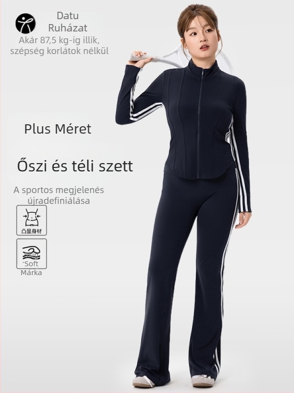 Plus-size női sportos szett - kétrészes, hosszú ujjú kardigán felső és trapéznadrág, anyag 80% nylon, 20% spandex, ősz-téli 2025, megfelelő jóga és pilates számára