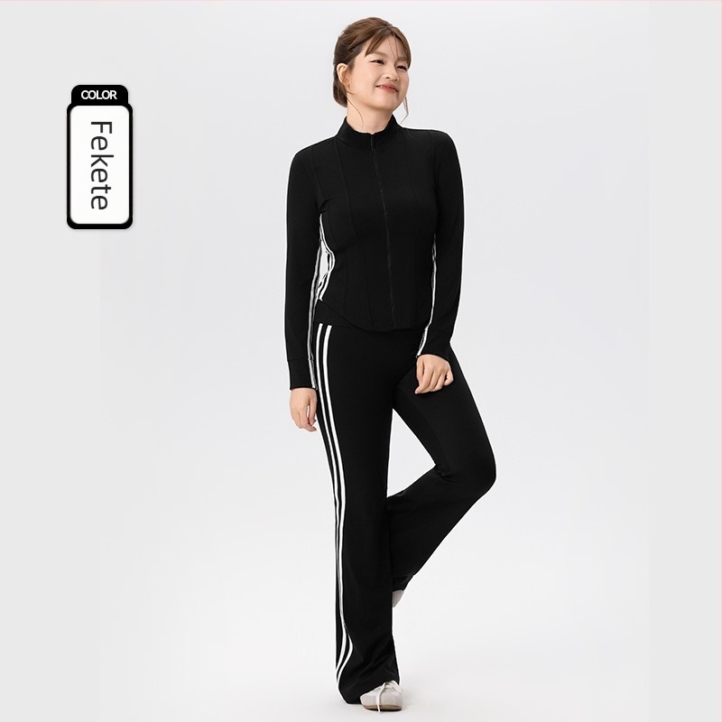 Plus-size női sportos szett - kétrészes, hosszú ujjú kardigán felső és trapéznadrág, anyag 80% nylon, 20% spandex, ősz-téli 2025, megfelelő jóga és pilates számára