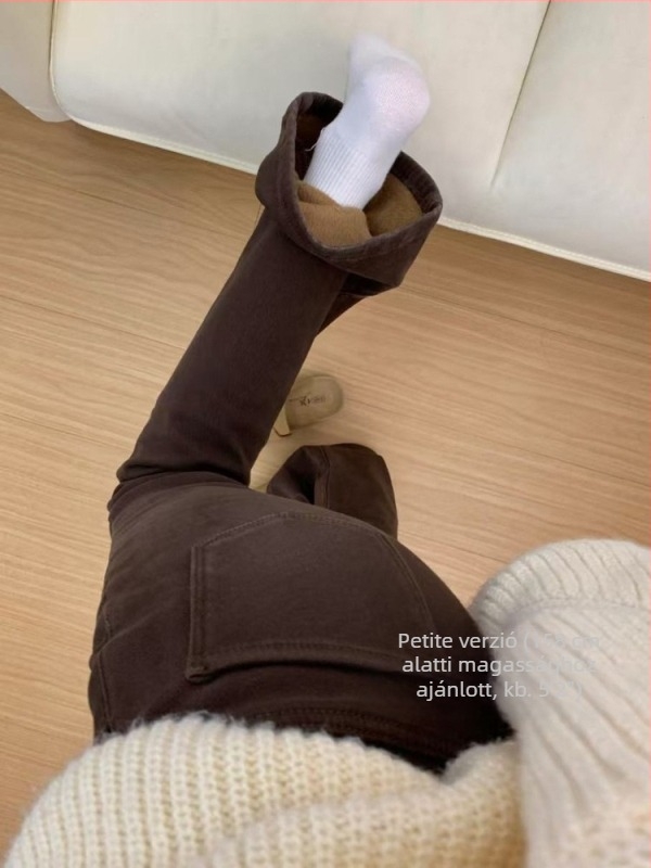 Női fleece-betétes farmernadrág, vastag bélés, kávébarna szín, amerikai stílus, tél, plusz méret, magas derekú, csípővédő, elasztikus, bootcut szabás