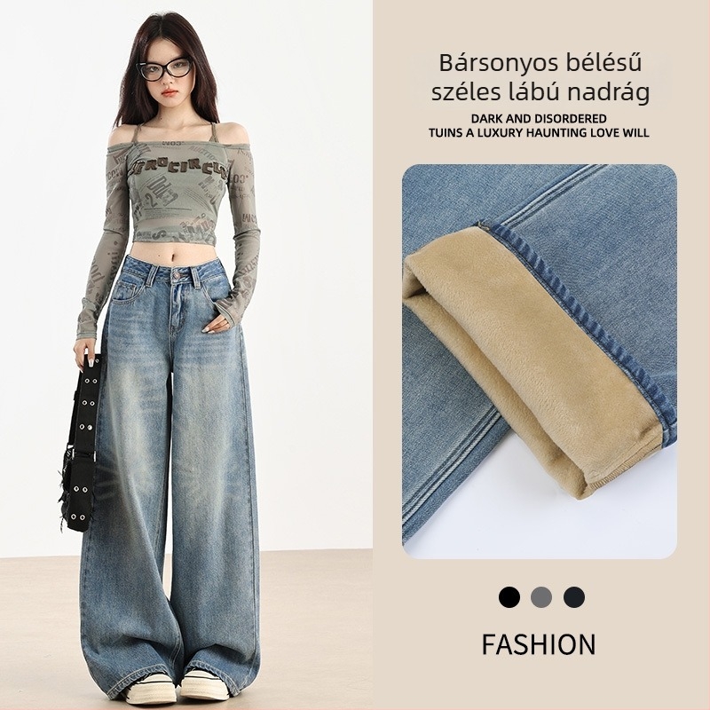 Denim farmernadrág pamutból, széles szárú, magas derék, zipzáras zárás, mosott kopott hatás