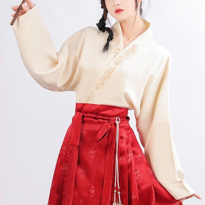 Női Hanfu tavasz-nyár szett, hímzett hálóanyag, poliészter, lóarcú szoknya