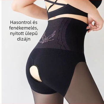 Fekete fényes nylon harisnyanadrág nyitott ágyékkal, bélelt, őszi-téli, kis méret