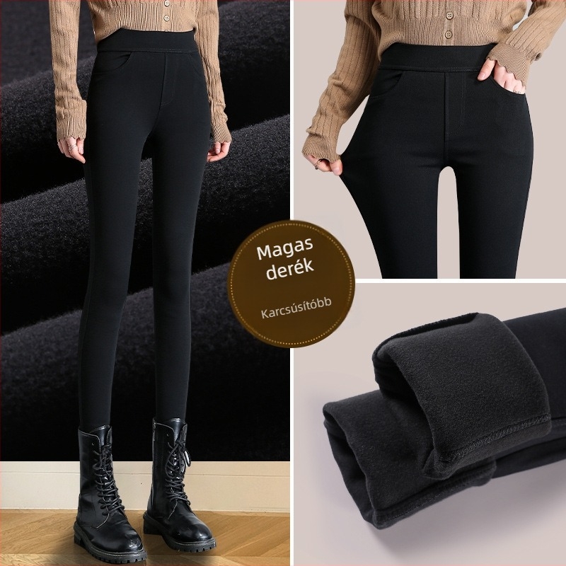Fekete béléses vastag leggings nőknek, magas derék, rugalmas, szoros fazon, őszi-téli