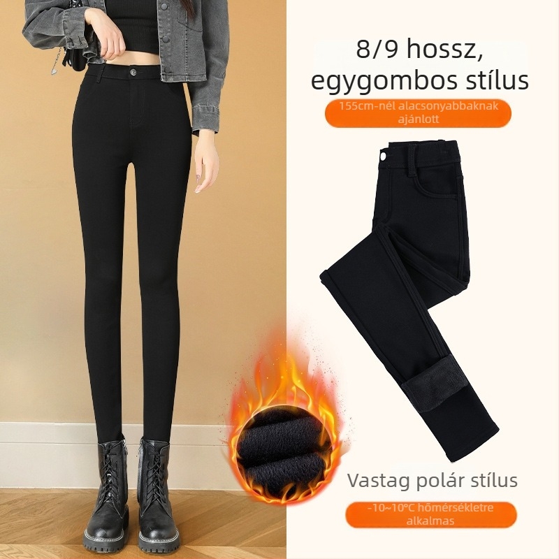 Fekete béléses vastag leggings nőknek, magas derék, rugalmas, szoros fazon, őszi-téli