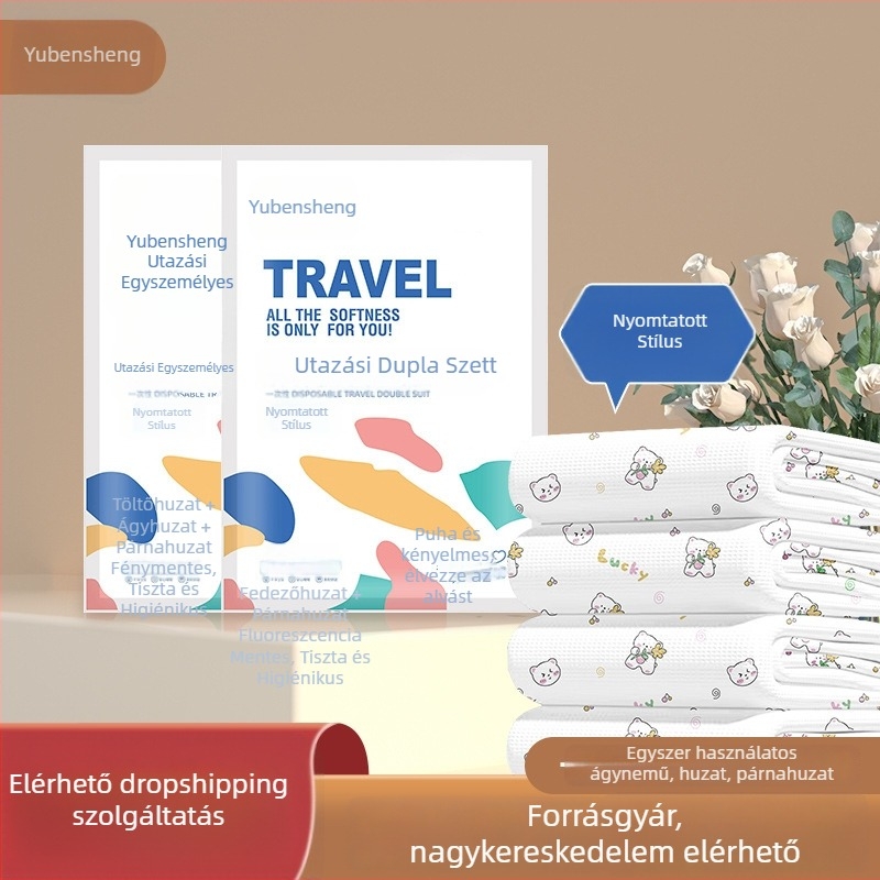 Utazási egyszer használatos hotelszobai ágynemű szett: lepedő, paplanhuzat, párnahuzat – 4 részes készlet; Anyag: nem szőtt textil; Márka: Royal Color; Szavatosság: 360 nap