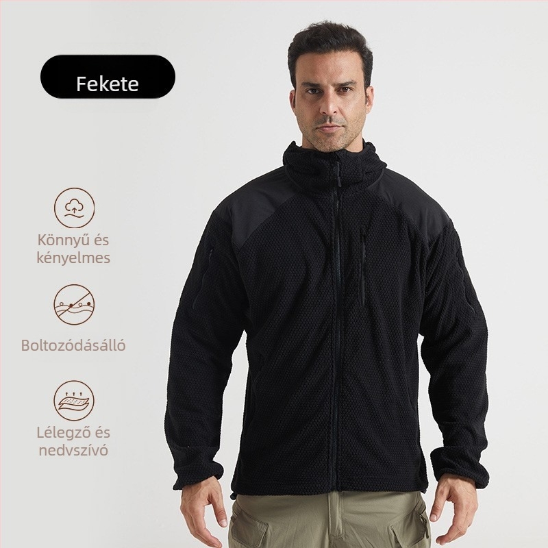 Grid mintás fleece kapucnis dzseki kültéri sportokra, állig felálló gallérral, uniszex, Helicon stílus